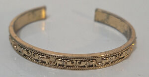 Elephants Gold Tone Metal Oval Cuff Bracelet - Signed NRQ 7"